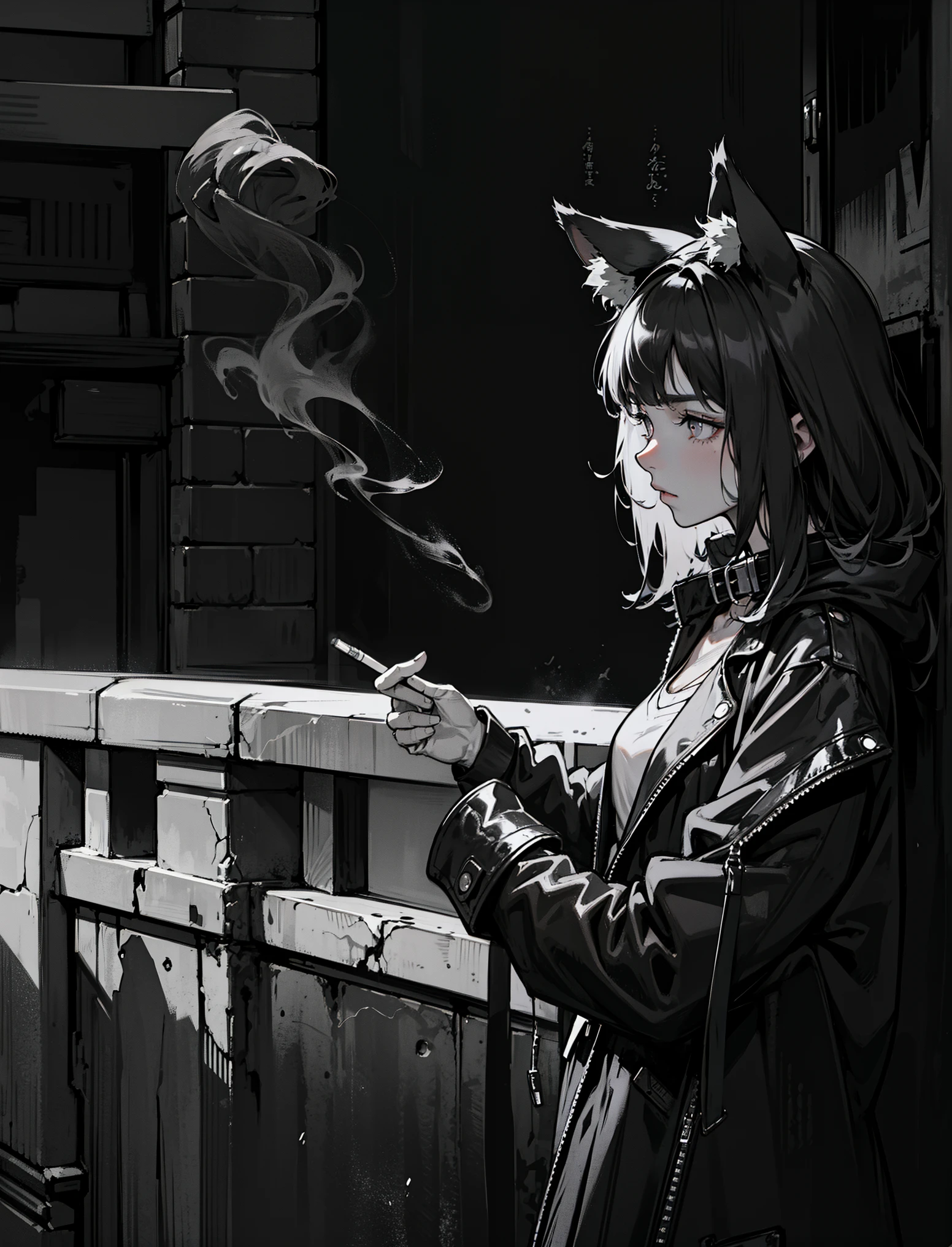 The Wolf Girl, black  hair, wolf ears with white fur inside, high collar coat, lights a cigarette, black and white, Noir, Pathos, standing against the wall, leaning on the wall, Street, NOhumans, a 1girl, cigarette,  from on the side, Grayscale, Keeps, monochrome, railing, Smoke, smoking, solo, Anime style, 2d drawing, Thoughtful, serious, Pathos, Noir