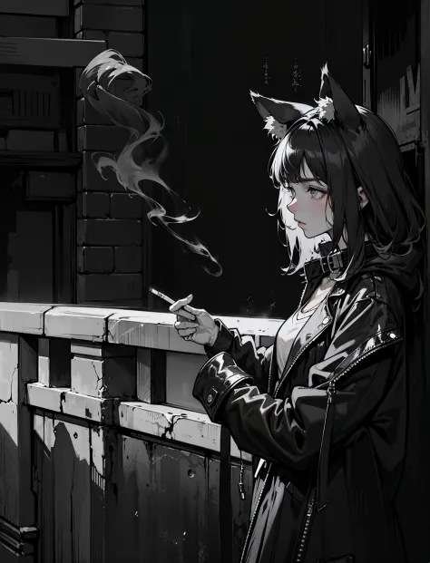 The Wolf Girl, black  hair, wolf ears with white fur inside, high collar coat, lights a cigarette, black and white, Noir, Pathos...
