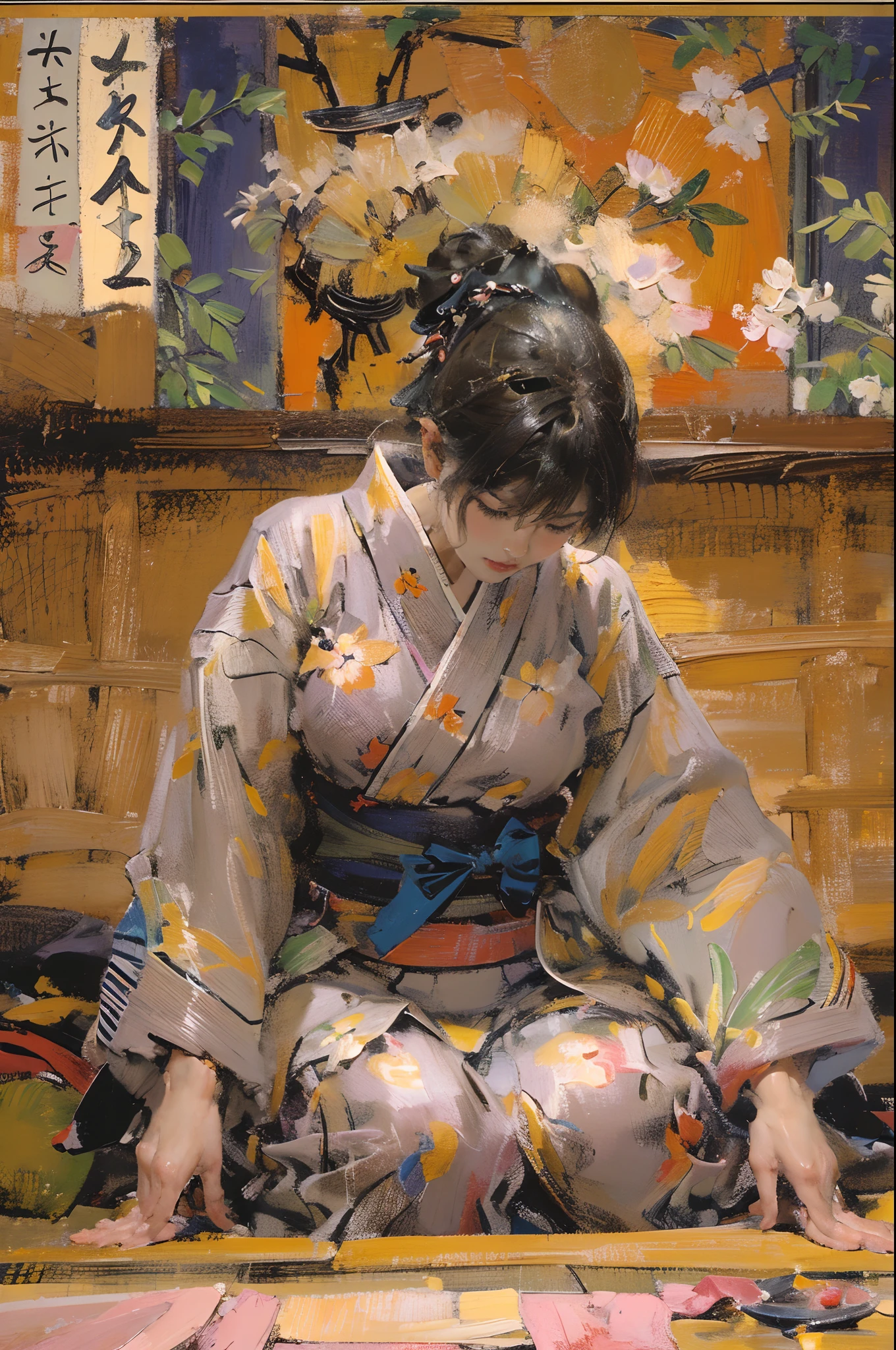 Pintura de una mujer con kimono sentada en el suelo - SeaArt AI