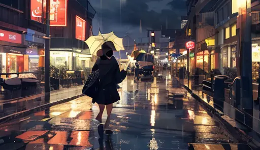 there is a woman walking down the street holding an umbrella, anime art wallpaper 4k, anime art wallpaper 4k, anime art wallpape...