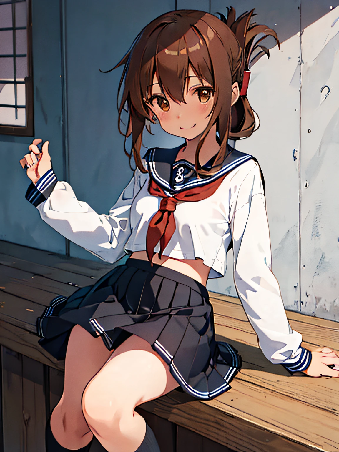 Best Quality, masutepiece, hight resolution, Solo, {Inazuma_Kantai Collection:1.15}, brown_hair, Folded_Ponytail, brown_Eyes, serafuku, long_hair, blush, Open_Mouth, Smile, 1girl in, anchor_symbol, Black_Skirt, long_sleeves, up looking_で_viewer, neckerchief, pleats_Skirt, Red_neckerchief, sailor_Collar, School_uniform, Skirt,