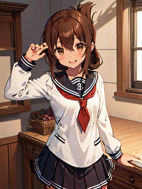 best quality, masutepiece, hight resolution, solo, {inazuma_kantai collection:1.15}, brown_hair, folded_ponytail, brown_eyes, se...