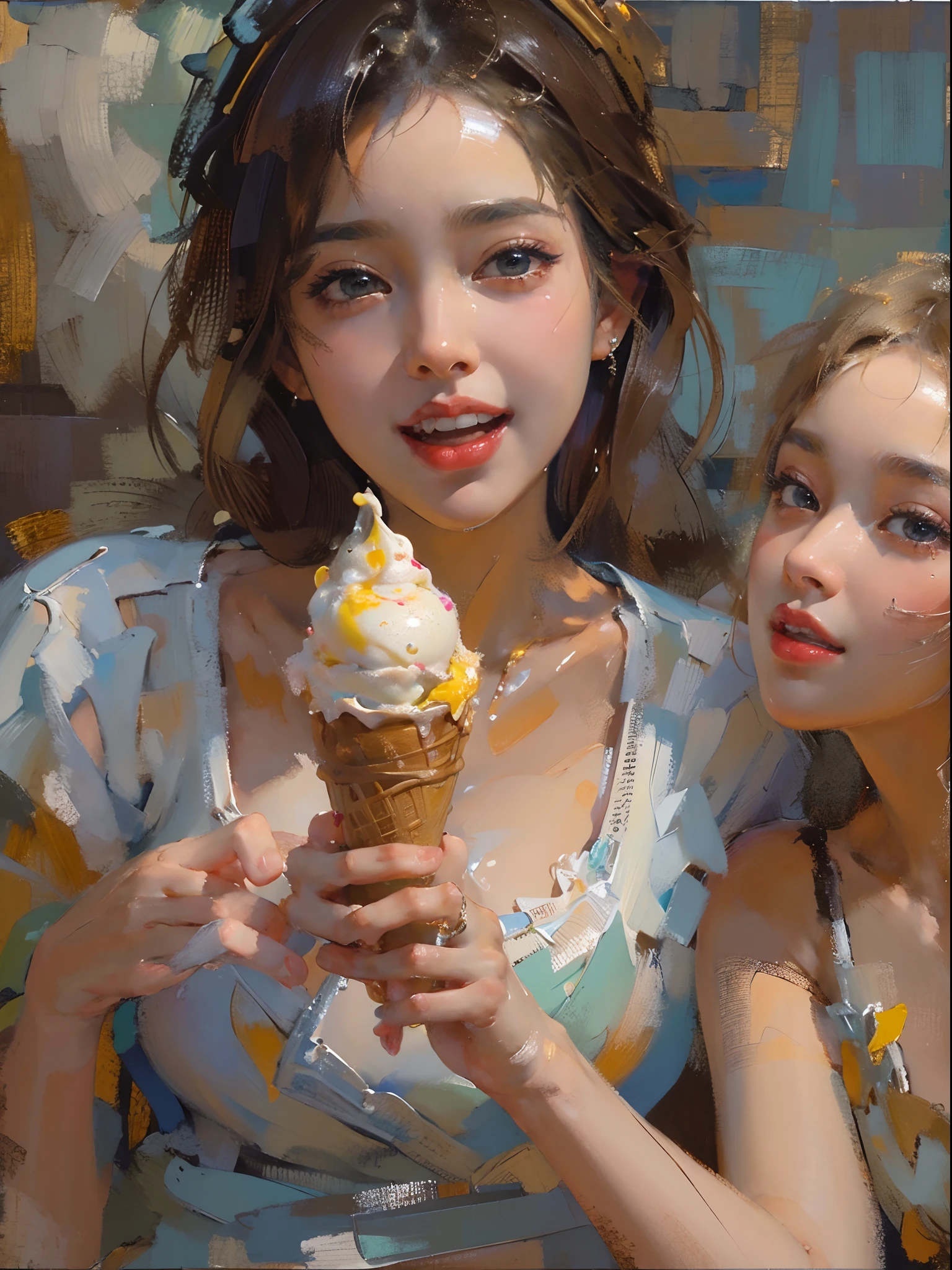 Painting of two women holding a ice cream cone in their hands - SeaArt AI