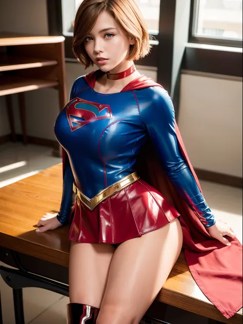 ​masterpiece,Short-haired supergirl sitting on a school desk with her legs spread、large full breasts、Looking at the camera、Gloss...