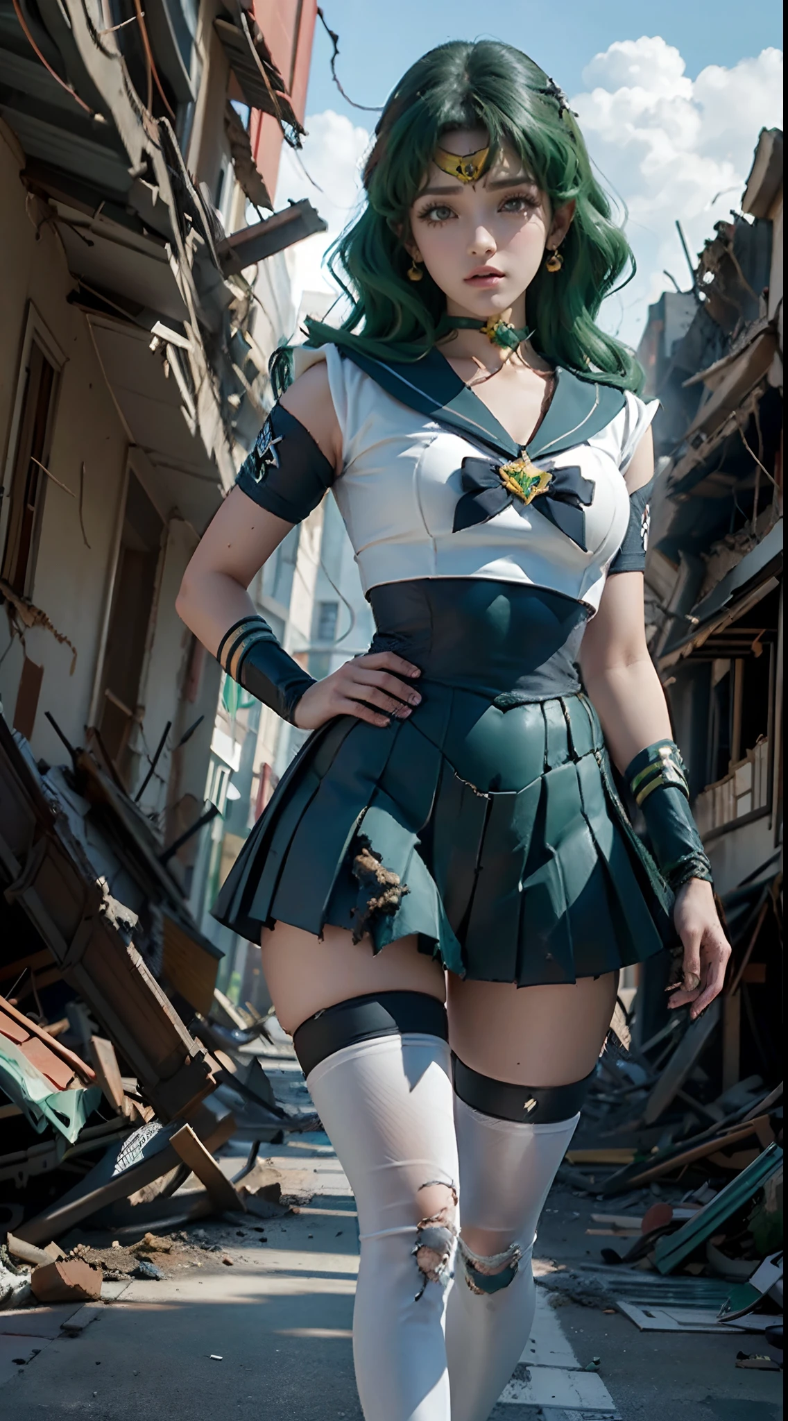 1girl, sailor Neptune, (Uniforme Sailor Senshi:1.4), dark green hair, medium hair, Supplicant skirt, La Best Quality, earrings, masterpiece, high resolution, intricate details, (( realist )), photographic, (White elbow gloves:1.1), jewely, medium chest, Whole body, dynamic background, Dynamic posture, High heels,,More detailed 8K.unreal engine:1.4,UHD,La Best Quality:1.4, fotorrealist:1.4, skin texture:1.4, masterpiece:1.8,first work, Best Quality,object object], (detailed face features:1.3),(Detailed hands),(Apocalyptic destroyed city:1.7),(white Over the knee boots: 1.4), choker, (White glove:1.4), choker verde, Elbow Groves, jewely, earrings, green skirt, only one, Whole bodysbian, green hair,