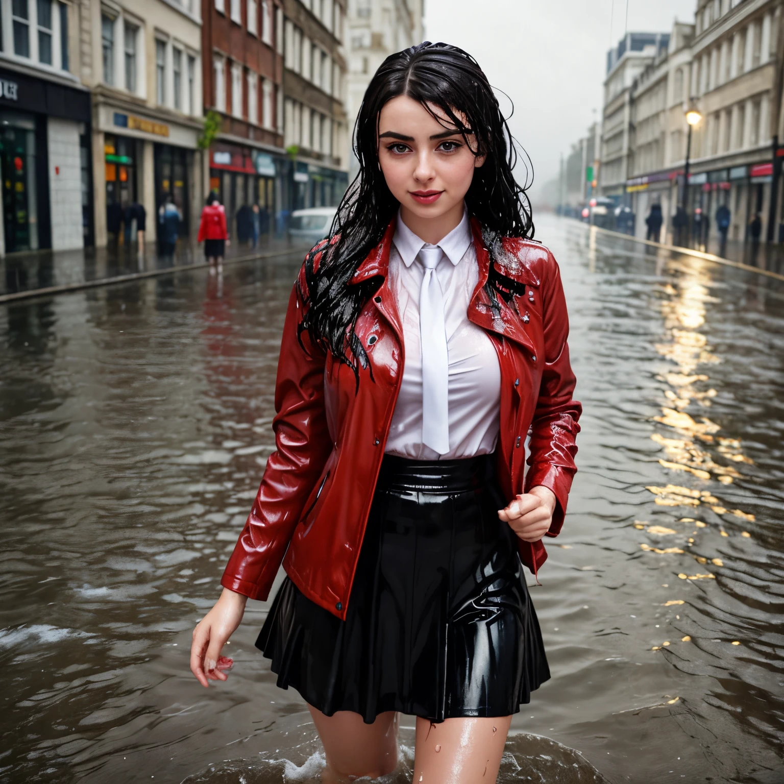 woman in a red leather jacket and skirt standing in the water, wet look, she is wearing a wet coat, on a wet london street, pretty girl standing in the rain, dressed as , charli bowater, wearing jacket and skirt, wearing atsuko kudo latex outfit, soaked, charli xcx, wet streets, wearing red jacket, grin, shirt and tie, soaked, drenched, wet clothes, dripping wet, dripping oil, wet hair