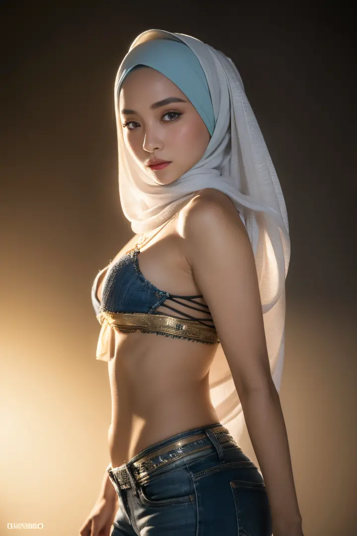 bellydancer, denim, javanese, (((hijabi))), cleavage, reflection light, chiaroscuro, depth of field, cinematic lighting, ray tra...