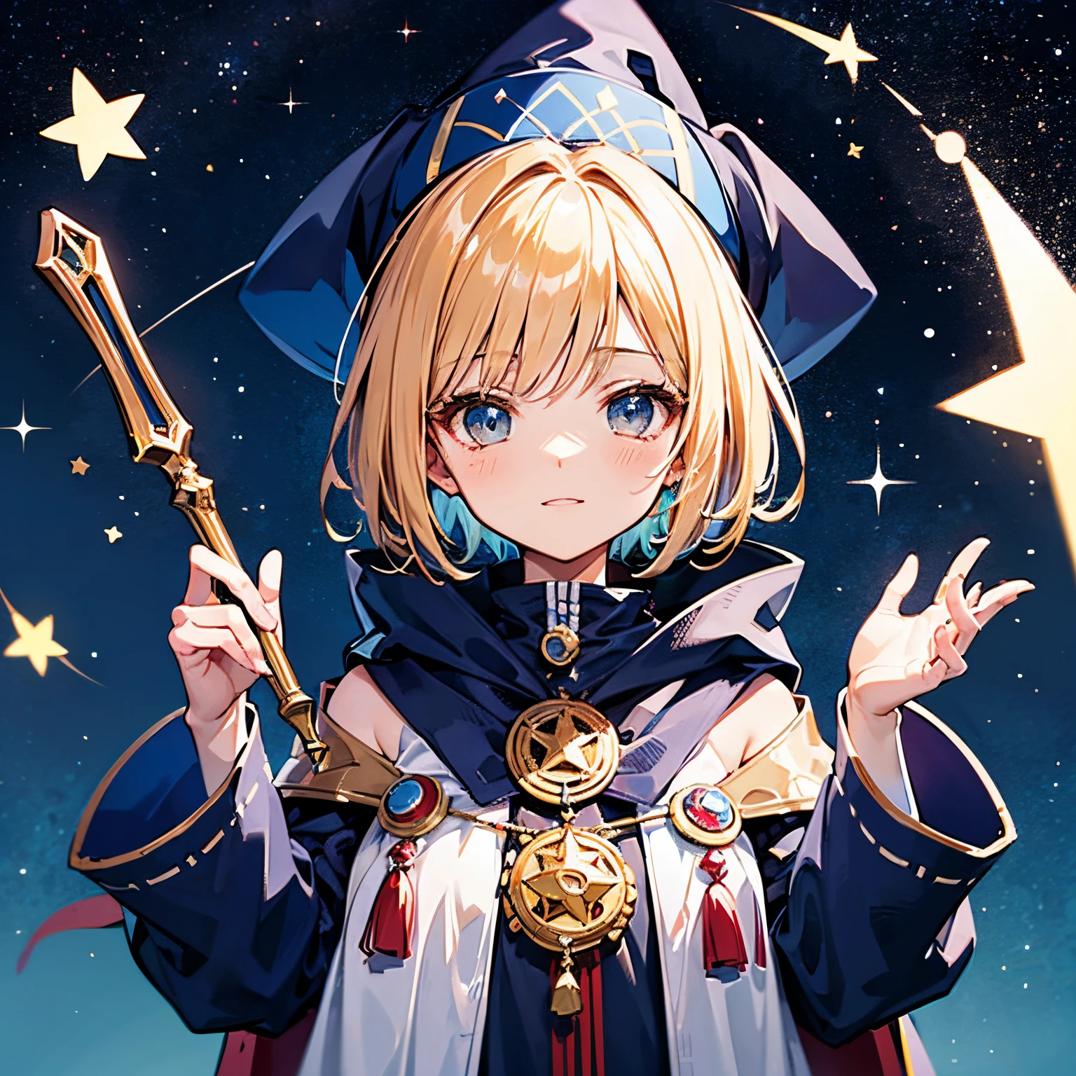 Wizard robes Wizard Hat magic wands teens girl short-hair kawaii faces  Starry night sky Star mark - SeaArt AI