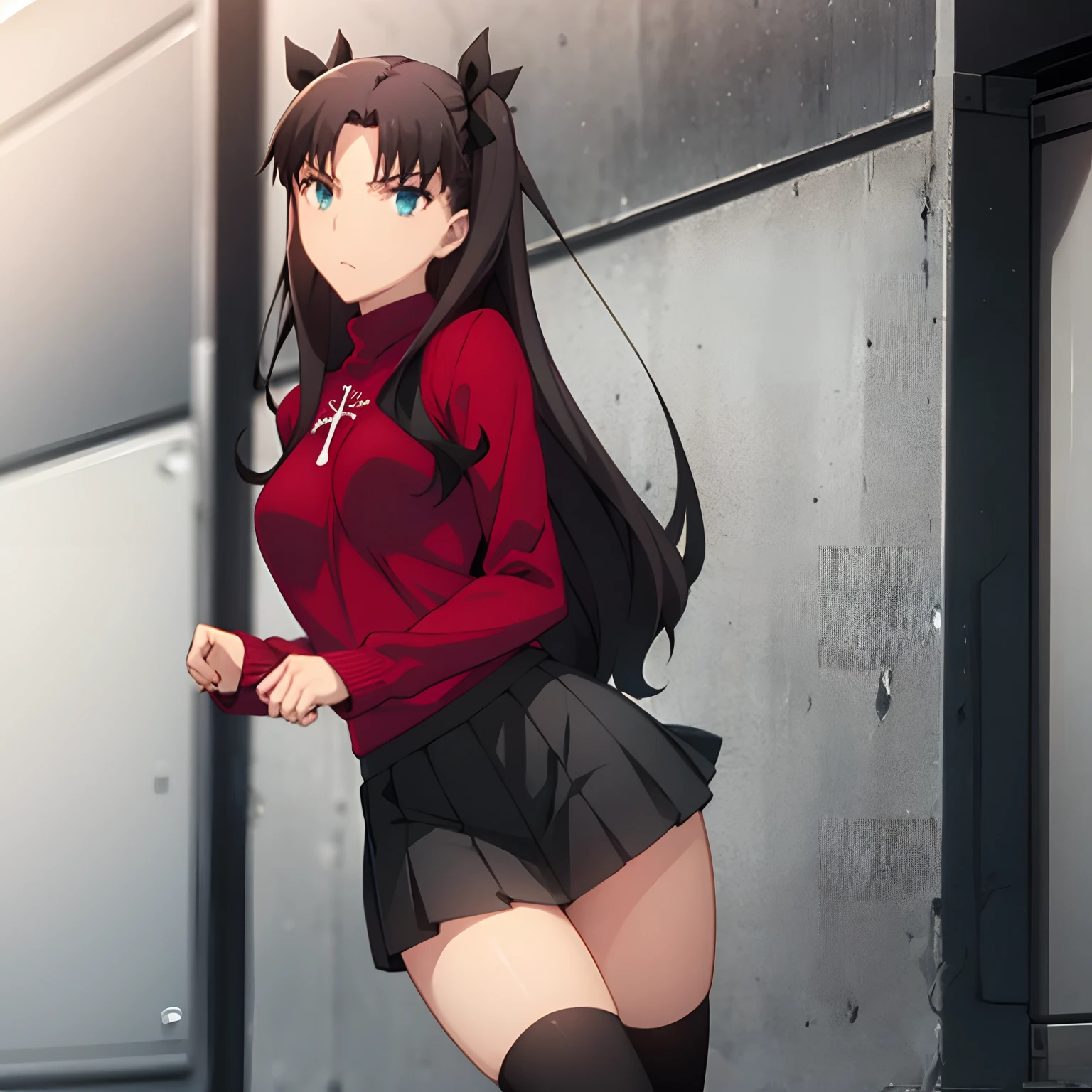 Anime girl in a red sweater and black skirt standing in front of a wall -  SeaArt AI