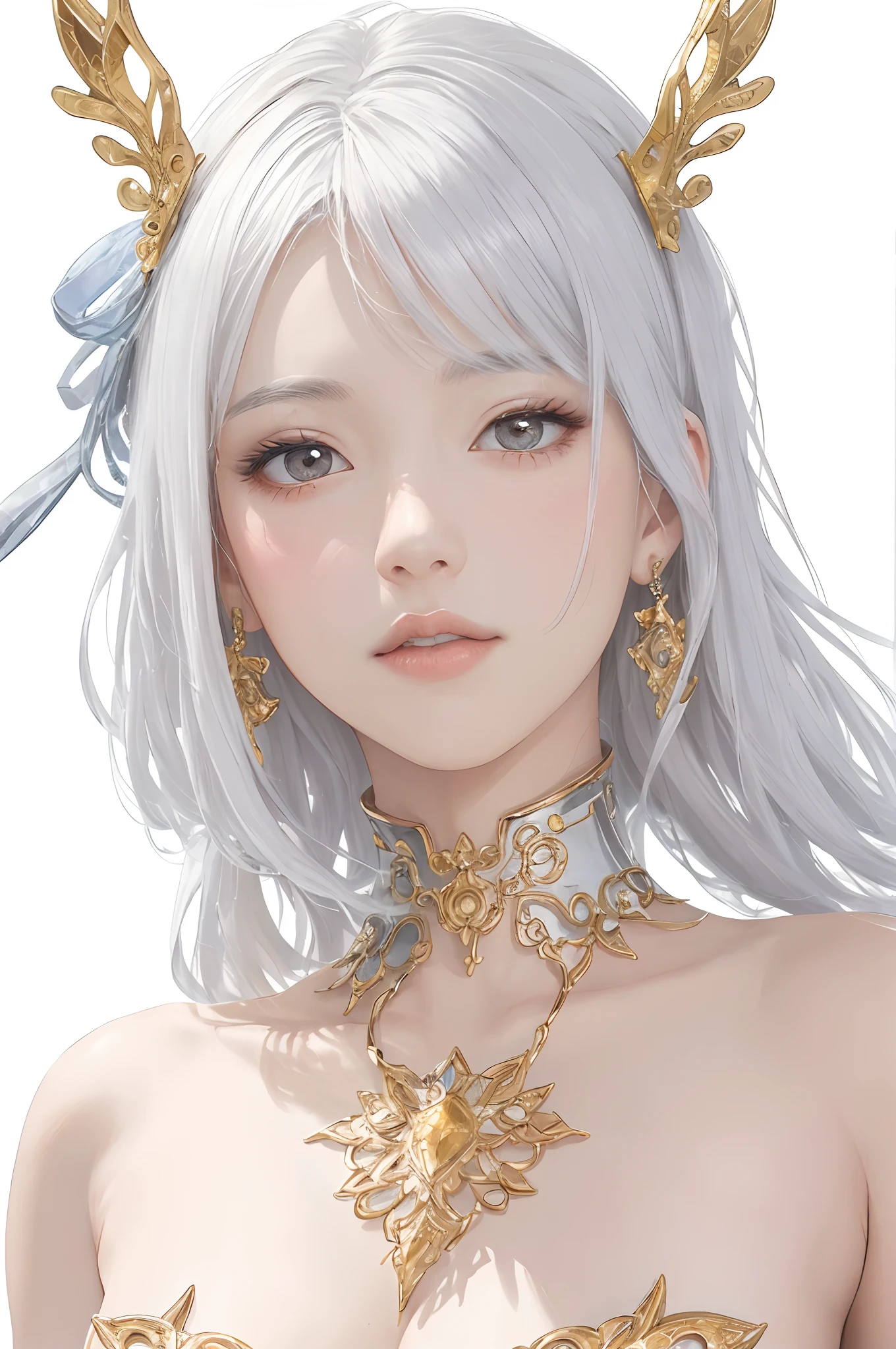Best AI Image Generation Creator、1 beautiful girl、large round eyes、Solo、Realistic,Lips,masutepiece,Best Quality,Good anatomy，Skin Texture、White background、Smaller chest、beautiful fantasy queen、high neck silver dress、Golden decoration、white  hair、Longhaire、look up to、optic、kirakira、White tones