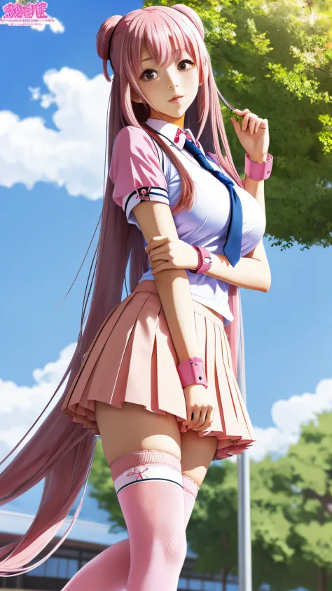 Anime Sexy school girl, long pink hair, miniskirt, thigh socks, thick, big breast, cuffs,  neck choker, blushing