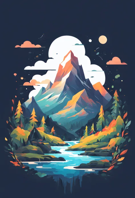 t-shirt design, impressive painting of a mountain with trees and water, a detailed painting by Petros Afshar, shutterstock conte...