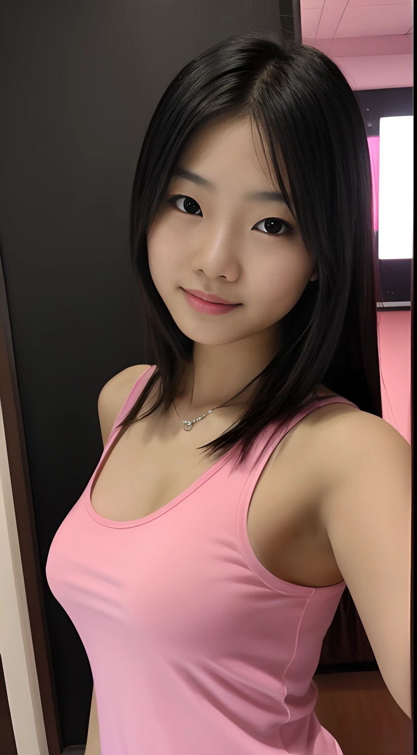 Arafed asian woman in pink tank top taking a selfie - SeaArt AI