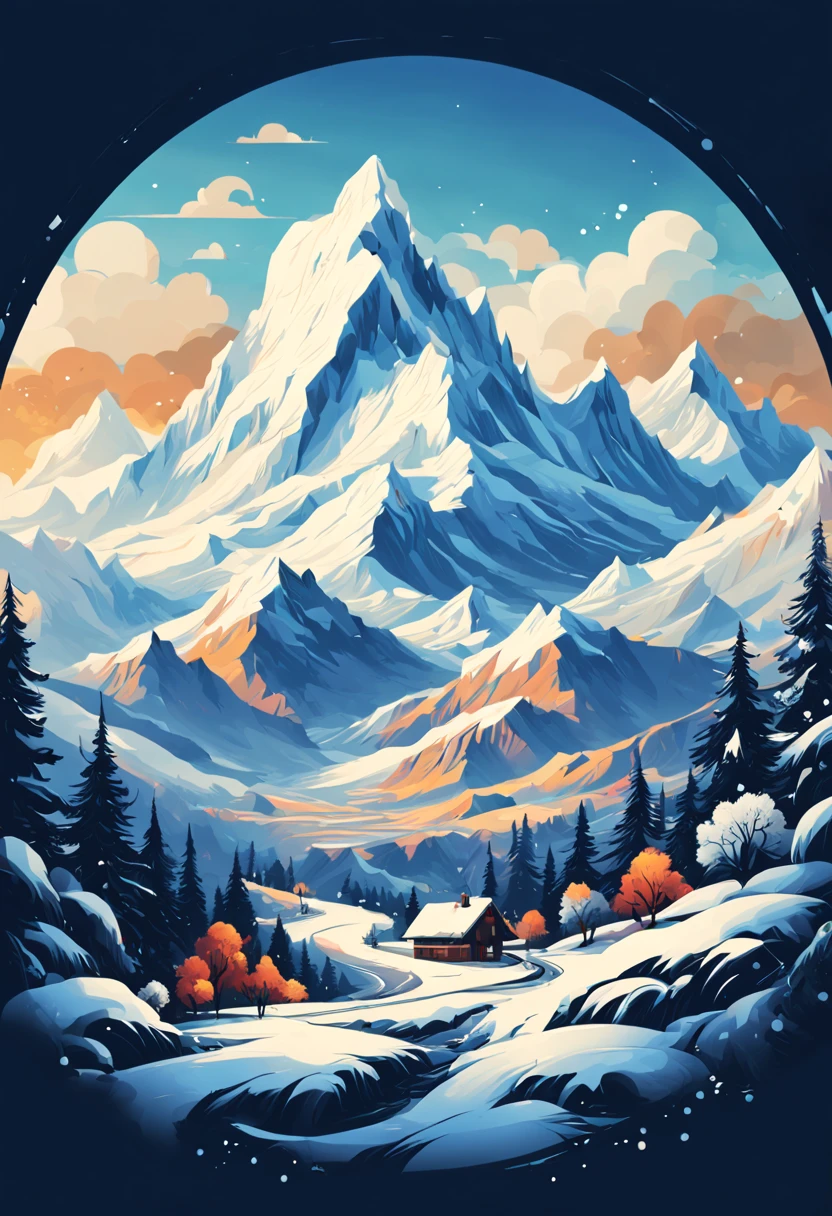 t-shirt design, painting of a snow mountain with big snowfall, a detailed painting by Petros Afshar, shutterstock contest winner, environmental art, detailed painting, outlined art, 2d game art, isolated background for logo