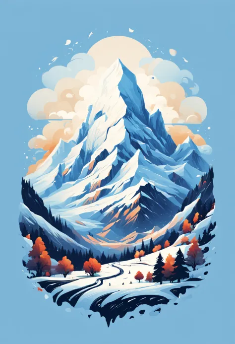 t-shirt design, painting of a snow mountain with big snowfall, a detailed painting by Petros Afshar, shutterstock contest winner...
