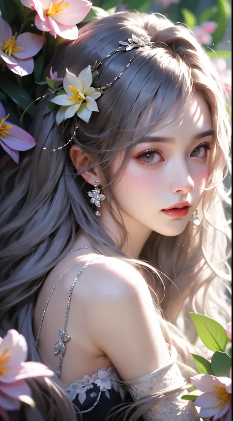 ssee-through、Ren Hao、cropped shoulders、One hand resting on his lips、White phalaenopsis around the hair，Lilac dendrobium、Orange lily、white lilies、1 girl in、fully body photo、White hair、Flowing hair、Hazy beauty、with extremely beautiful facial features、Black l...