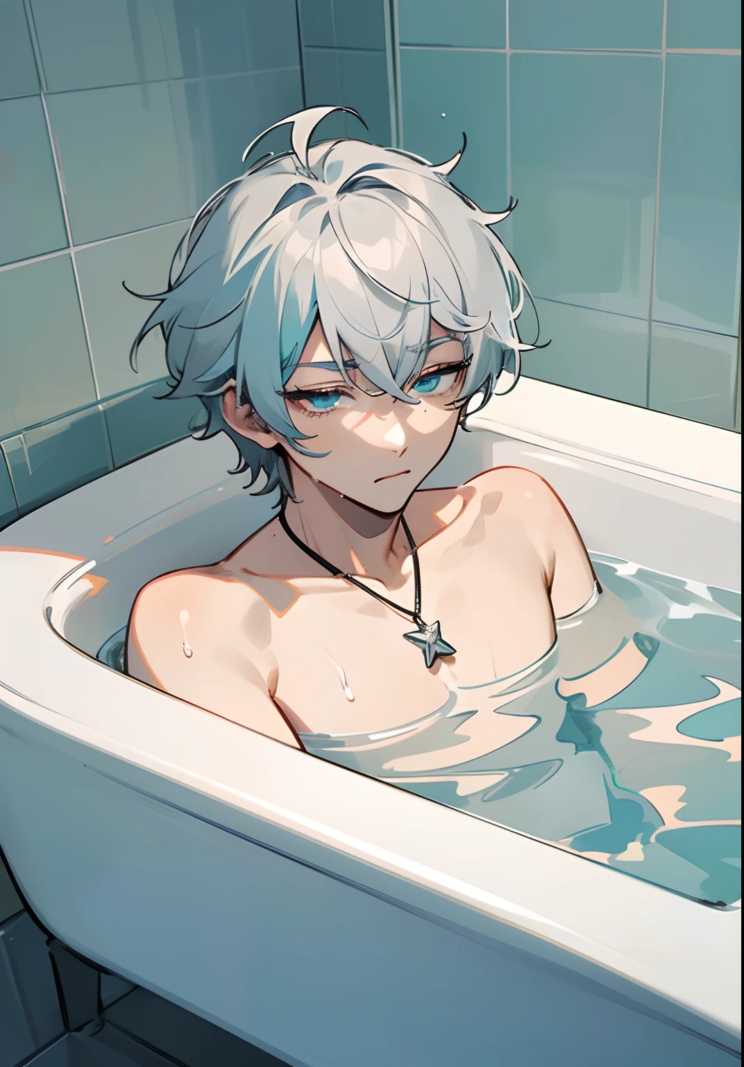 Anime boy in a bathtub with a necklace on his neck - SeaArt AI