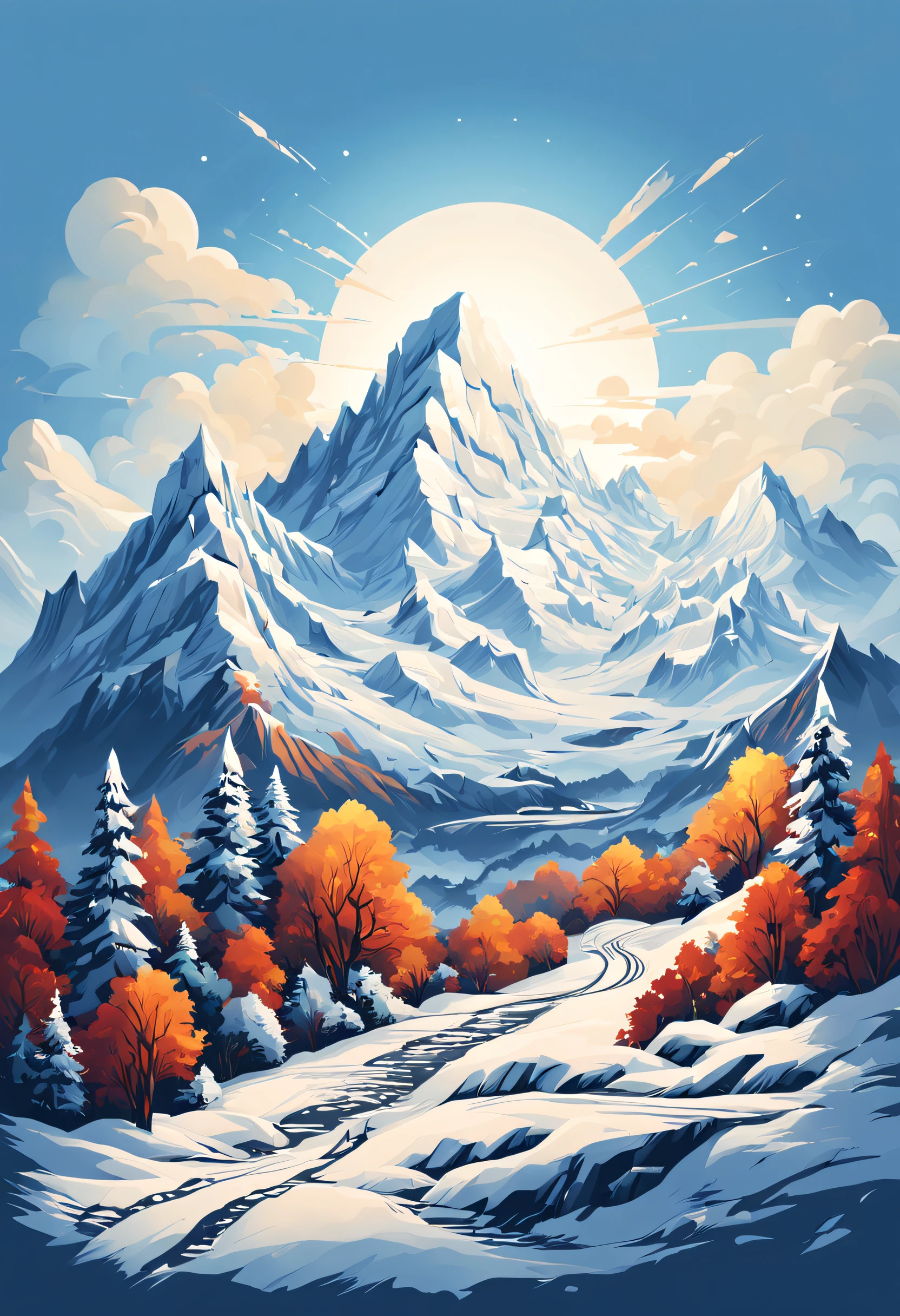 t-shirt design, painting of a snow mountain with big snowfall, a detailed painting by Petros Afshar, shutterstock contest winner, environmental art, detailed painting, outlined art, 2d game art, isolated background for logo