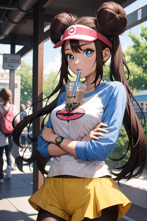 perfect eyes:1.2, detailed eyes:1.4, ro1, hair bun, bubble tea challenge, drinking straw, crossed arms, blue eyes, twintails, vi...