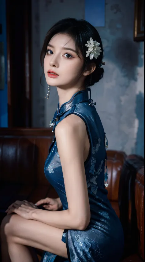 primitive，tmasterpiece，ultra fine photos，Best quality，超高分辨率，Photo Reality，rays of sunshine，full-body portraits，Amazingly beautiful，，dynamicposes，delicated face，vibrant eyes，（seen from the side），((Exquisite_blue colors_On the cheongsam))，On the cheongsam，cr...