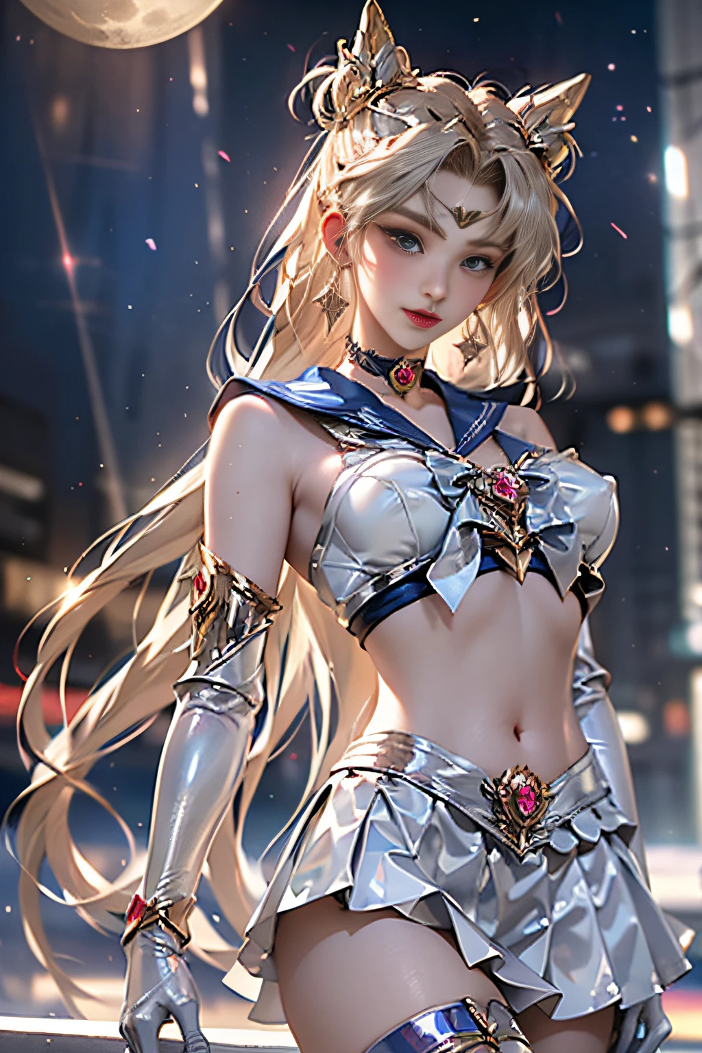 masutepiece, full: 1.3, to stand, 8K, 。.3D, Realistic, Ultra Micro Photography, of the highest quality, Wallpapers with extreme details CG Unity 8K, From below, Intricate details, (NSFW:1.2),(1 female), 28 years old, (meishaonv,Sailor Moon,tiarra, Sailor Senshi Uniform Sailor: 1.2, Sailor Moon: 1.2), Incredibly long bright twin-tailed blonde, Thin and very long straight twin tail blonde, Hair bun, Red round hair ornament in a hair bun, Sailor Senshi Uniform, Colossal , (Silver-blue color, blue sailor collar, Silver-blue pre-gate ultra mini skirt: 1.3,Pants are visible,Super High Leg Swimsuit,  very large red bow on the chest,,,: 1.3, Long white latex gloves: 1.3, Red gloves on the elbows, very large red bow behind the waist,,: 1.1, cleavage looks bigger:1.2, a golden tiara, earrings), (Face Details: 1.5, Bright blue eyes, Beautiful face, Beautiful eyes, shiny eyes, thin lips: 1.5, thin and sharp pale eyebrows, long dark eyelashes, Double eyelashes), Luxurious Golden Jewelry, Thin, thin and muscular,,,, a small face, Perfect proportions, thin waist, SEXY Model Pose, Visible Pore, Seductive smile, Perfect hands: 1.5, Very thin and fitting high gloss silver-white holographic leather, Octane Rendering, highly dramatic picture, Strong natural light, Sunlight, exquisite lighting and shadow, Dynamic Angle, Digital SLR, Sharp Focus: 1.0, Maximum clarity and sharpness, (Space background,Moon, dynamic background, Detailed background),(Rabbit, Double bun, Twin-tailed, Parted bangs, circlet, Jewelry, earrings, Choker, Red bow, White Gloves, elbow groves, Blue skirt
),nffsw