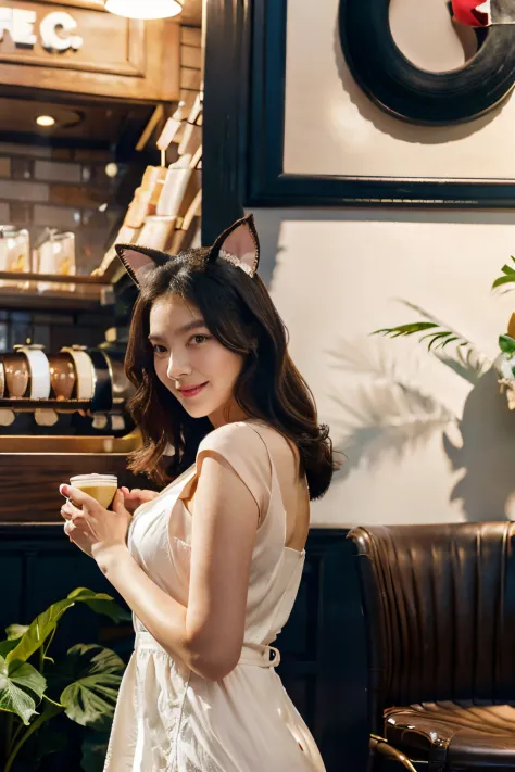 black hair lady, longeyelashes, solid circle eyes, fake animal ears, light smile, ear blush, drinking coffee in a cafe, white dress, full length shot, realistic, drop shadow, tachi-e, pov, atmospheric perspective, 8k, super detail, ccurate, best quality