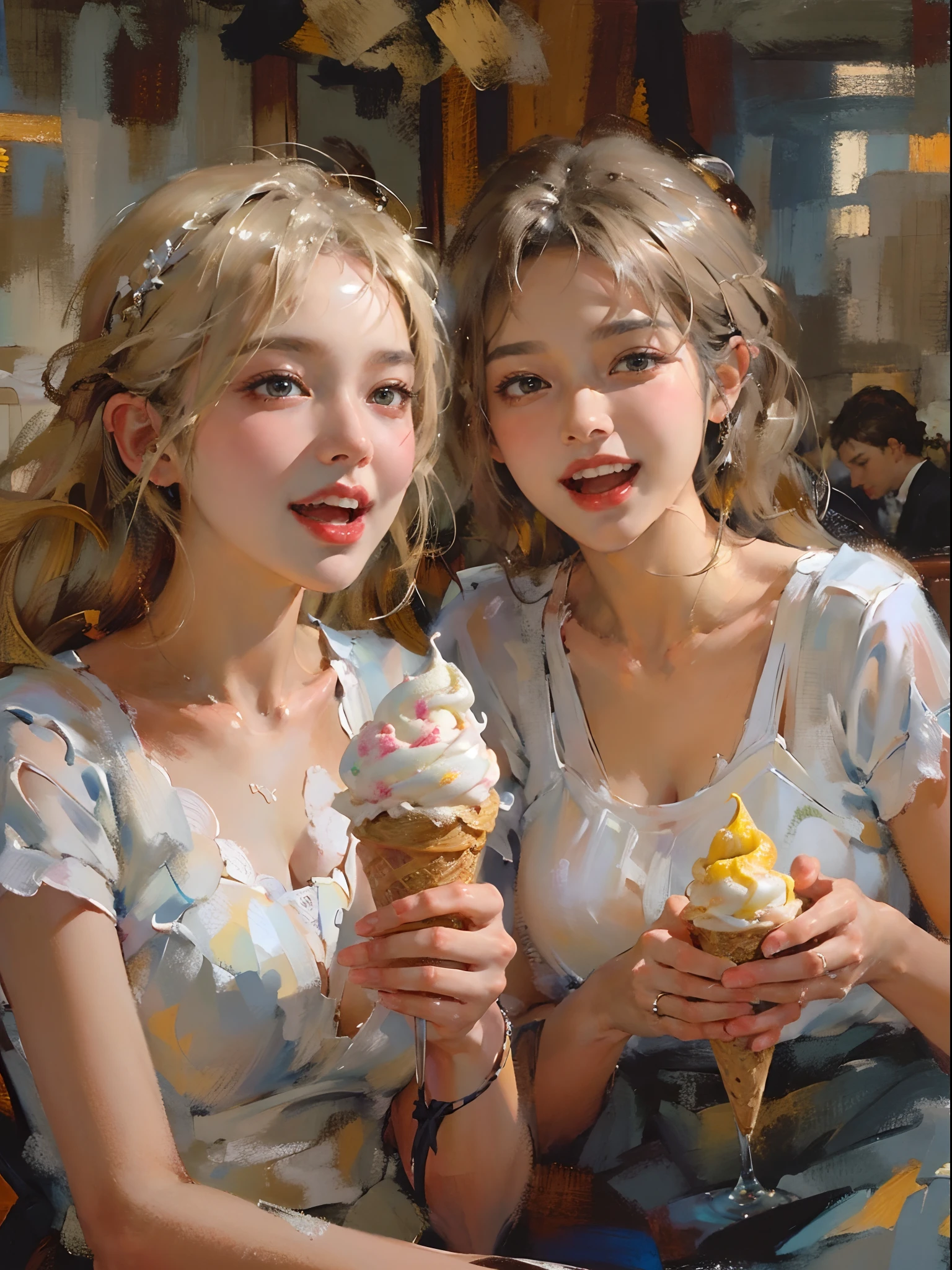 Painting of two women eating ice cream cones in a cafe - SeaArt AI