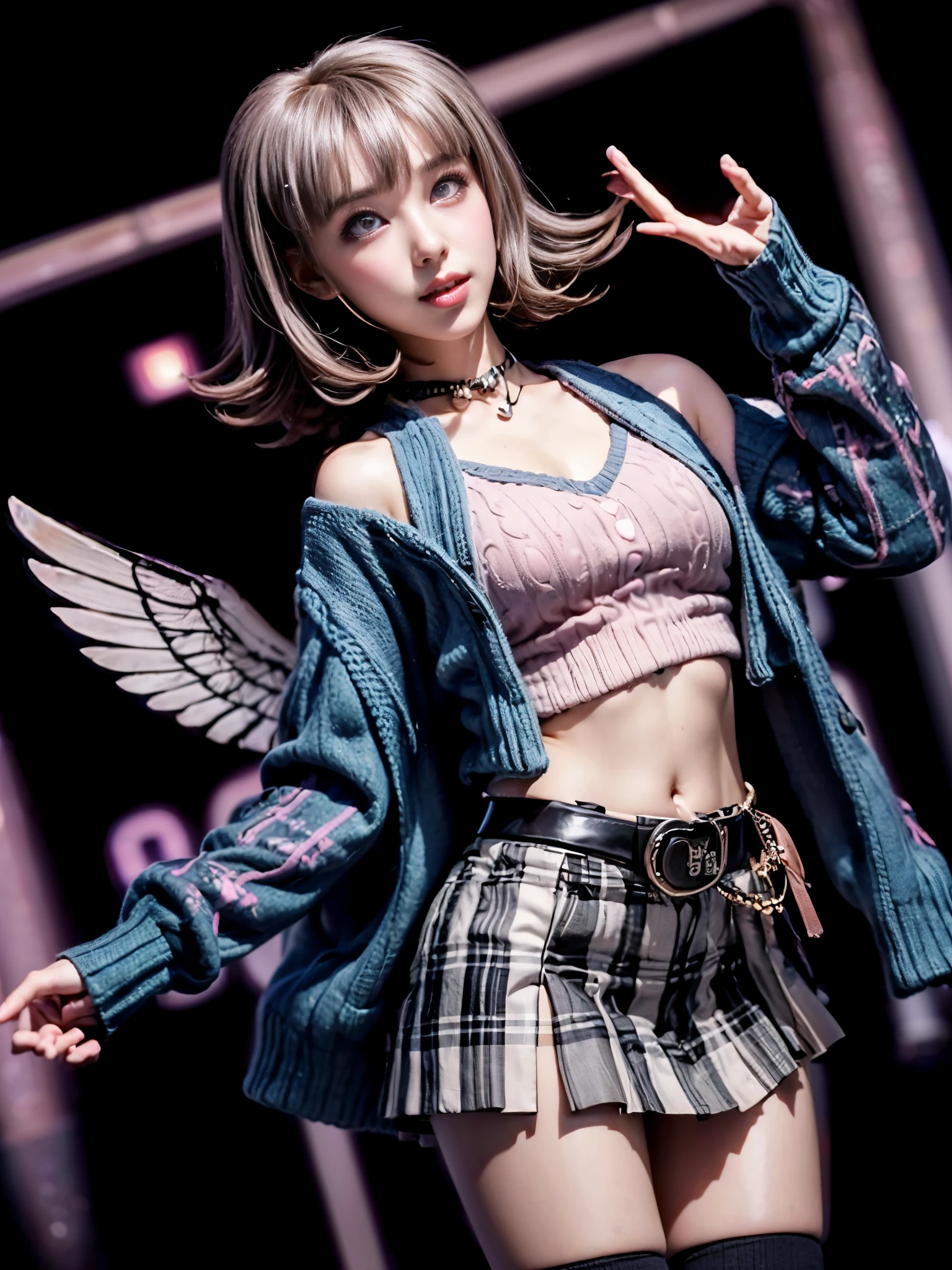 Chiaki nanami en una rave, mirando al espectador con una sonrisa seductora, confiado, club nocturno, Neon lights, Pelo corto rosa, ojos rosados, flequillo, Traje de e-girl, (((Recortar arriba, oversized sweater, falda a cuadros, Bota de combate negra, delineador de ojos alado, Heart-shaped seal, gargantilla, cadena de correa))), 20 yrs old girl,Chiaki Nanami, Nanami Chiaki