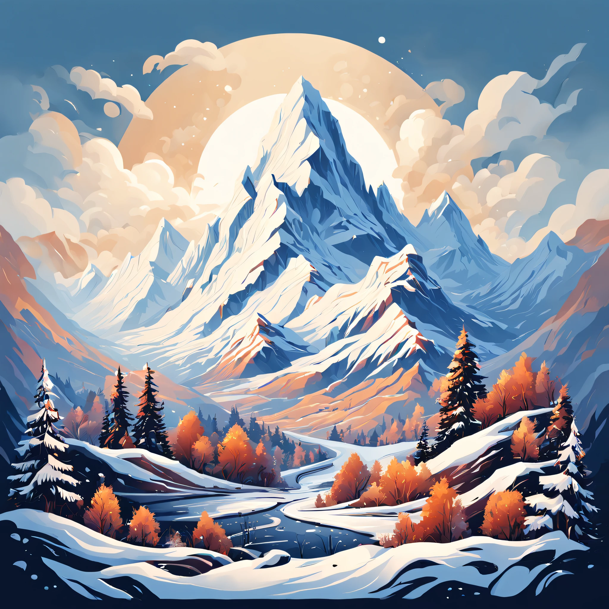 t-shirt design, painting of a snow mountain with big snowfall, a detailed painting by Petros Afshar, shutterstock contest winner, environmental art, detailed painting, outlined art, 2d game art, isolated background for logo