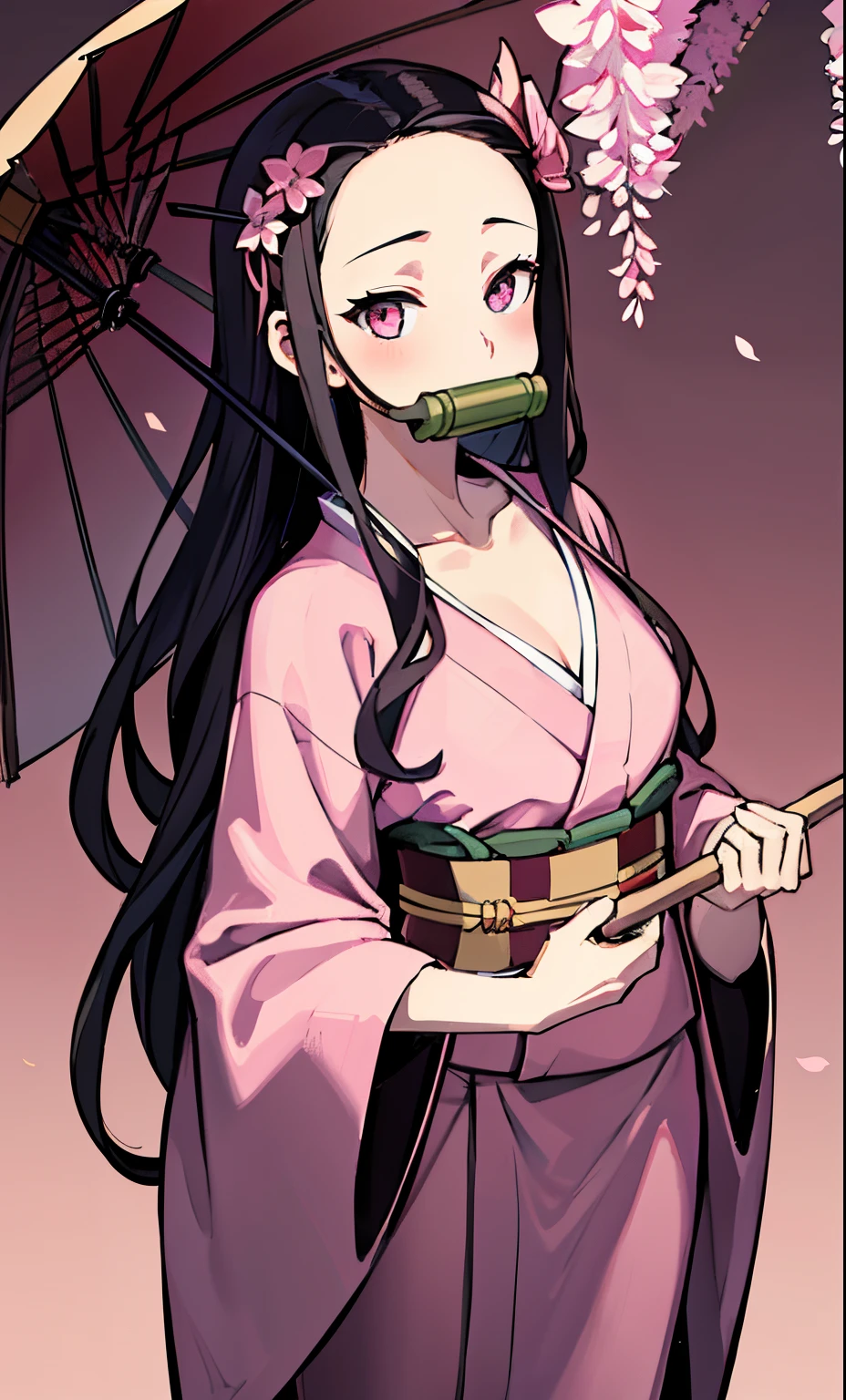 masterpiece, (pink kimono), seductive face, good lighting, décolleté, fine details, masterpiece, glowing eyes, 1girl, black hair, gag, bamboo, Nezuko Kamado, wisteria background, masterpiece, best quality, POV, whole body, wide hips,