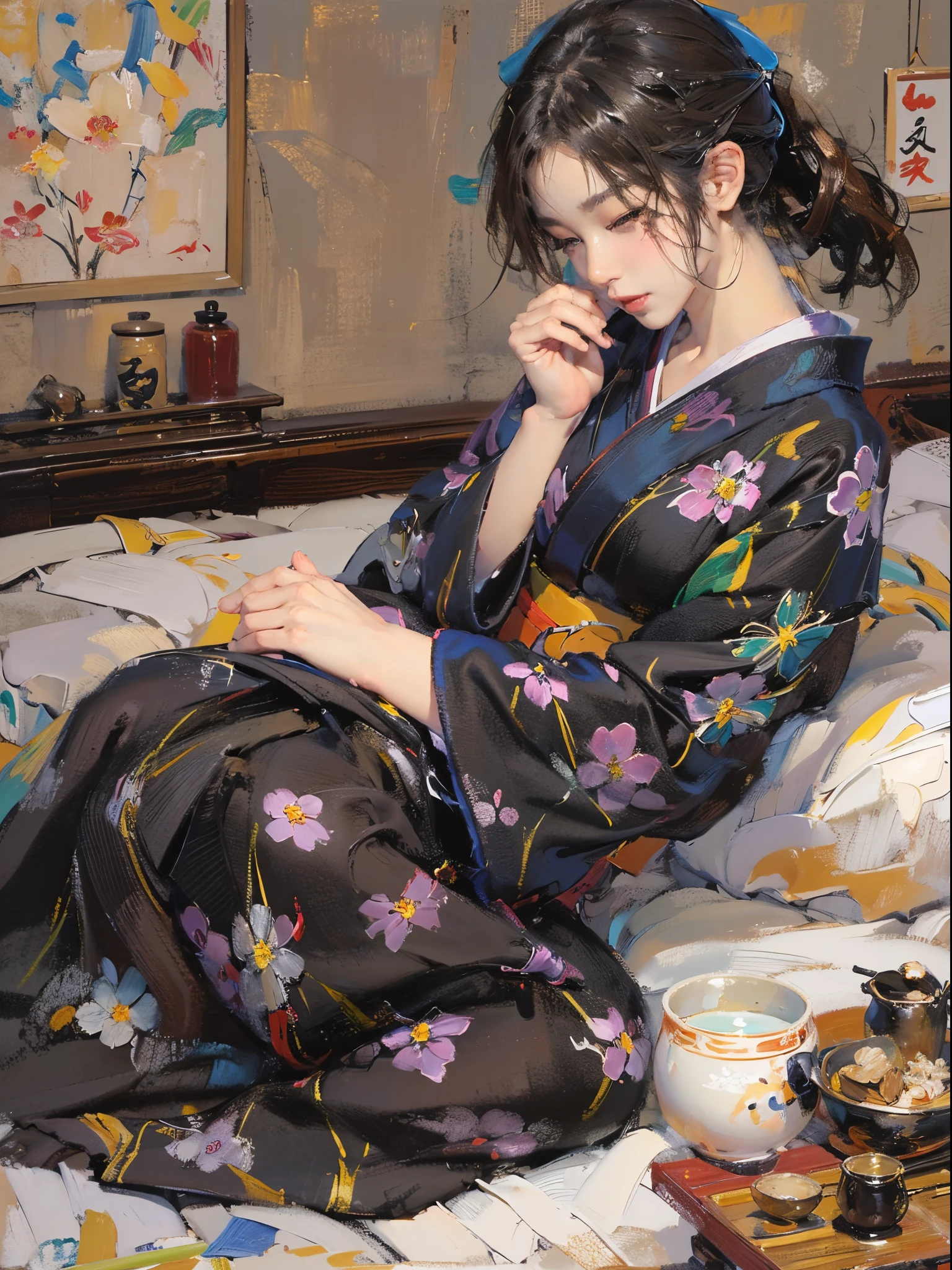 Peinture d'une femme en kimono assise sur un lit - SeaArt AI