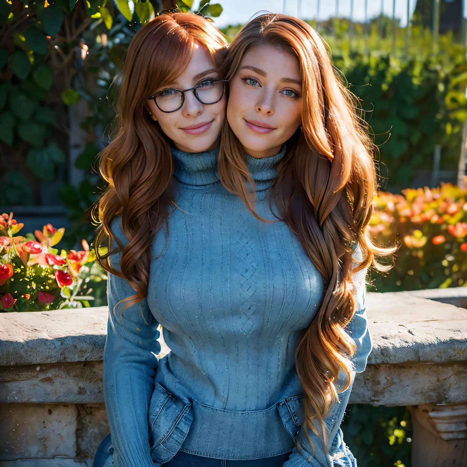 (((2heads))),(masterpiece, best quality:1.4), (modern days), thicc, obese,(full body shot), 1girl, solo, pov, sfw, stunning girlfriend, thick rimmed glasses, (standing:1.1), dynamic pose, (orange turtleneck oversized stretched turtleck sweater ,orange turtleneck knit sweater:1.4), (skinny white yoga pants, white yoga pants: 1.4), (((big bulge))),(denim jacket: 1.4), (long blonde hair), long curly red hair,bangs, heart-shaped face, elegant face, beautiful face, freckles, high detail face, high detail skin, skin pores, subsurface scattering, (blue eye details), realistic pupils, droopy breasts, loving smile, looking at the audience, full blush, plump lips, holding a watermelon, centered, , at a vegetable garden in her backyard in a typical american suburban neighborhood,  wind, detailed background, depth of field, Atmospheric perspective, volumetric lighting, clear focus, absurd, realistic proportions, good anatomy, (realistic, hyper-realistic:1.4), 16k HDR,