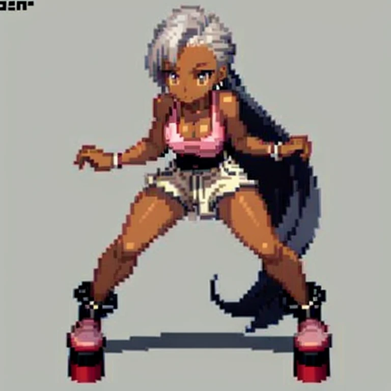 Gray hair, dark skin, Platform character, pixel art, whit shorts, pink shirt