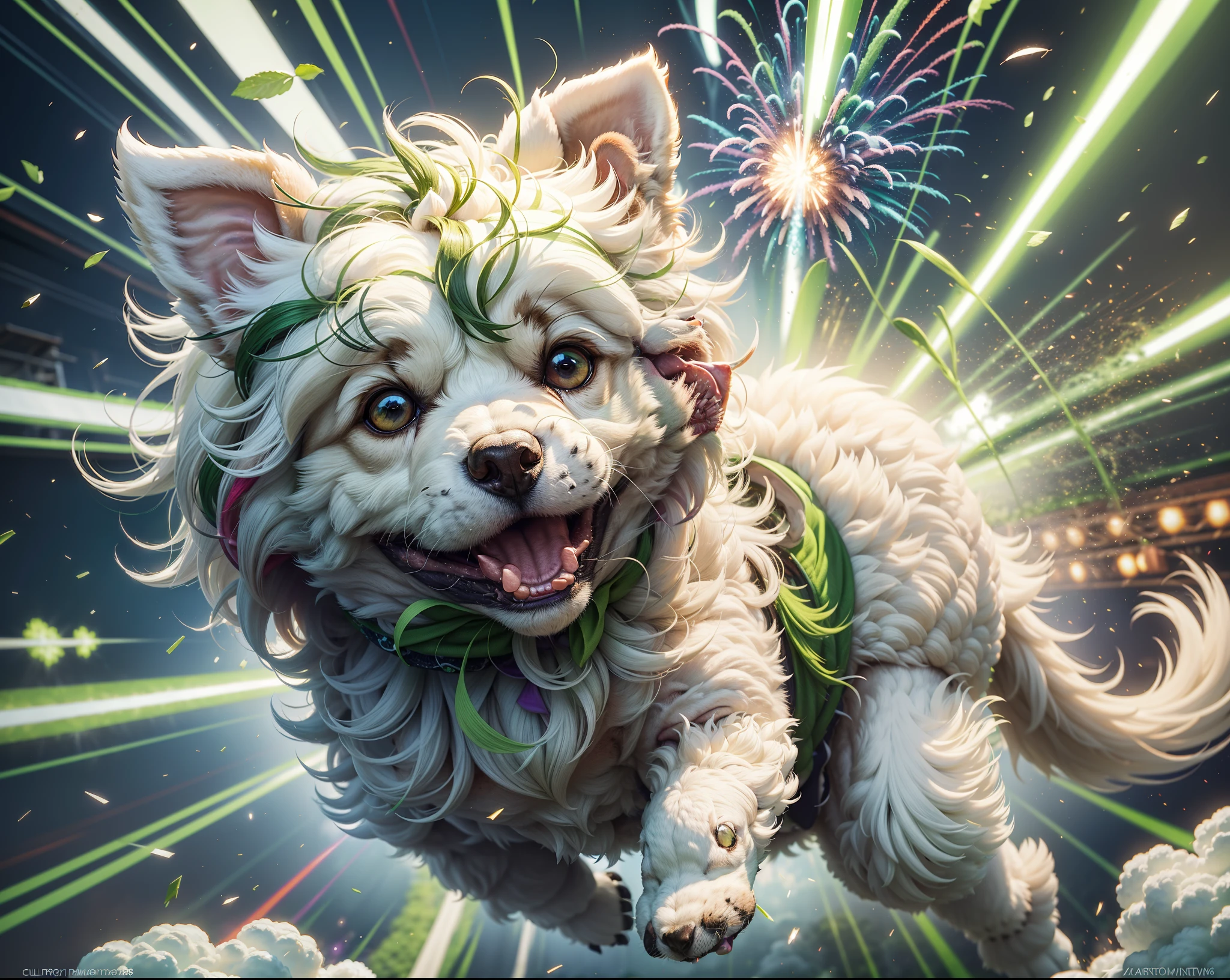 Plan très bas d&#39;un petit caniche blanc sautant haut dans le ciel, entouré d&#39;explosions de bombes colorées vertes et blanches, lumière dans la scène donnant une couleur verte et blanche, Éclairage cinématographique, style artgerme, 32k, Ultra HD, moteur irréel rendu, Image photoréaliste,  — avec 9:16 --auto --s2