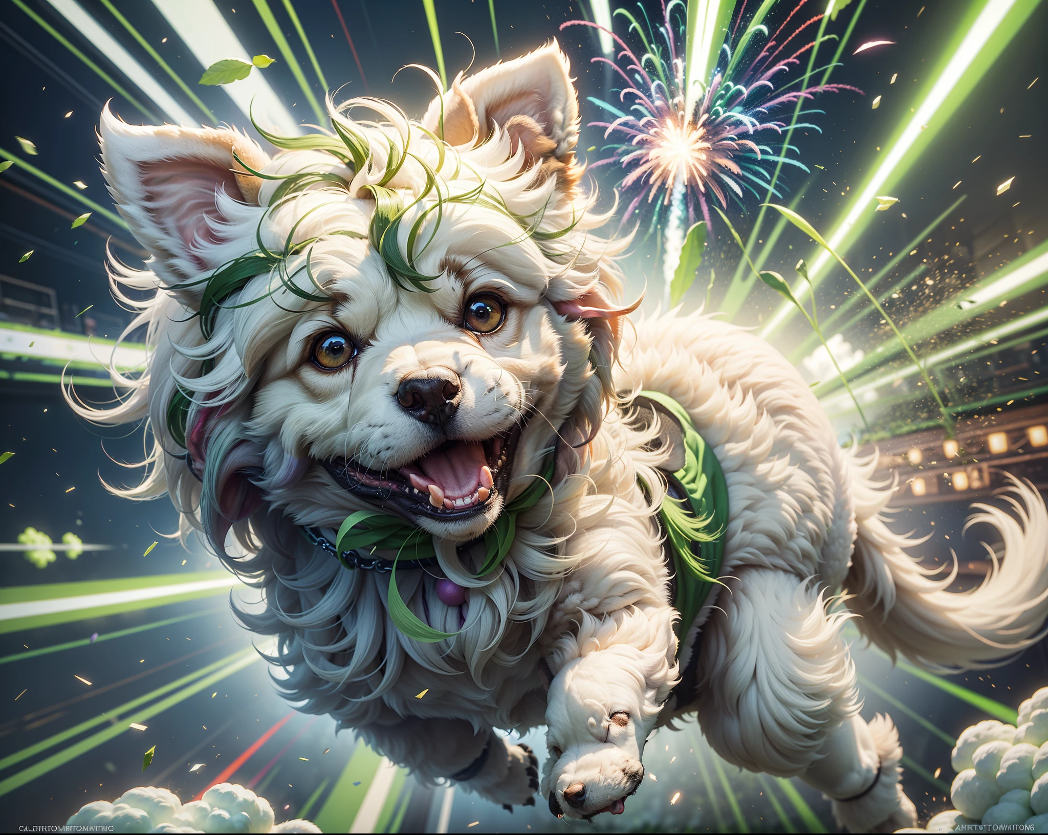 Extreme low angle shot of tiny white toy poodle jumping high in the sky, surrounded by exploding colour bombs of green and white, light in the scene giving a green and white colour, cinematic lighting, artgerm style, 32k, ultra HD, unreal engine rendered, photorealistic image,  —ar 9:16 --auto --s2