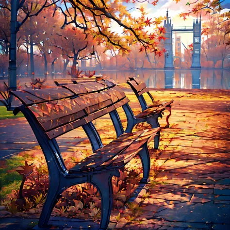 (Autumn:1.6), London, park, bench, empty park, no people, falling leaves