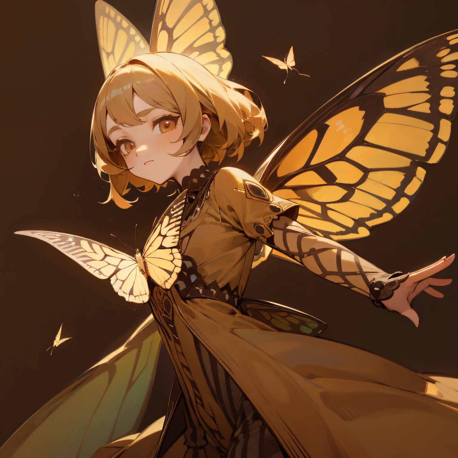 sephia moth girl, brown coloured aesthetic, sephia tones, moth butterflies, intricate eye makeup, detailed eyes, butterflies flying around her, simple background, she has mariposa wings