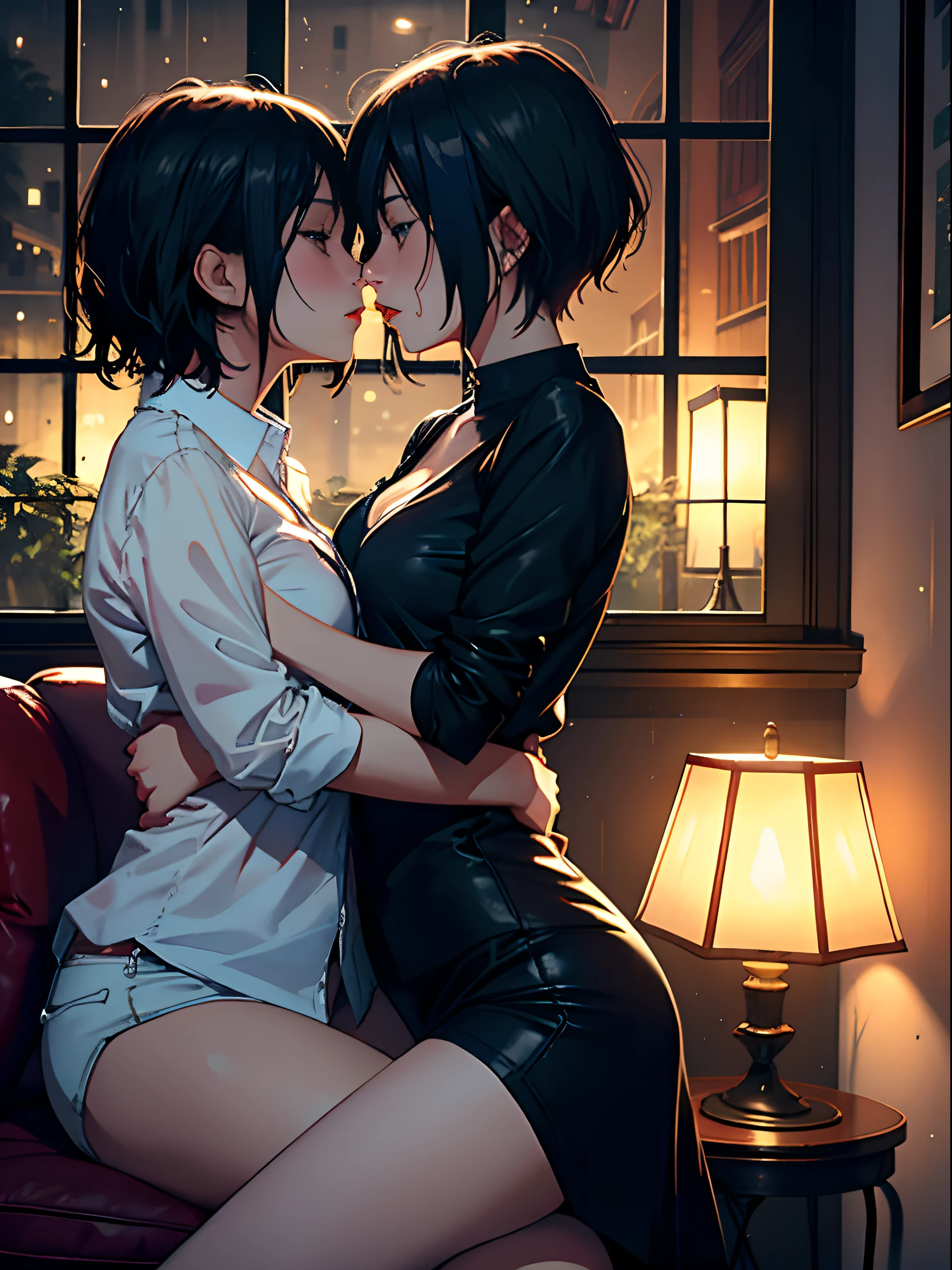 Anime couple kissing in front of a window at night - SeaArt AI