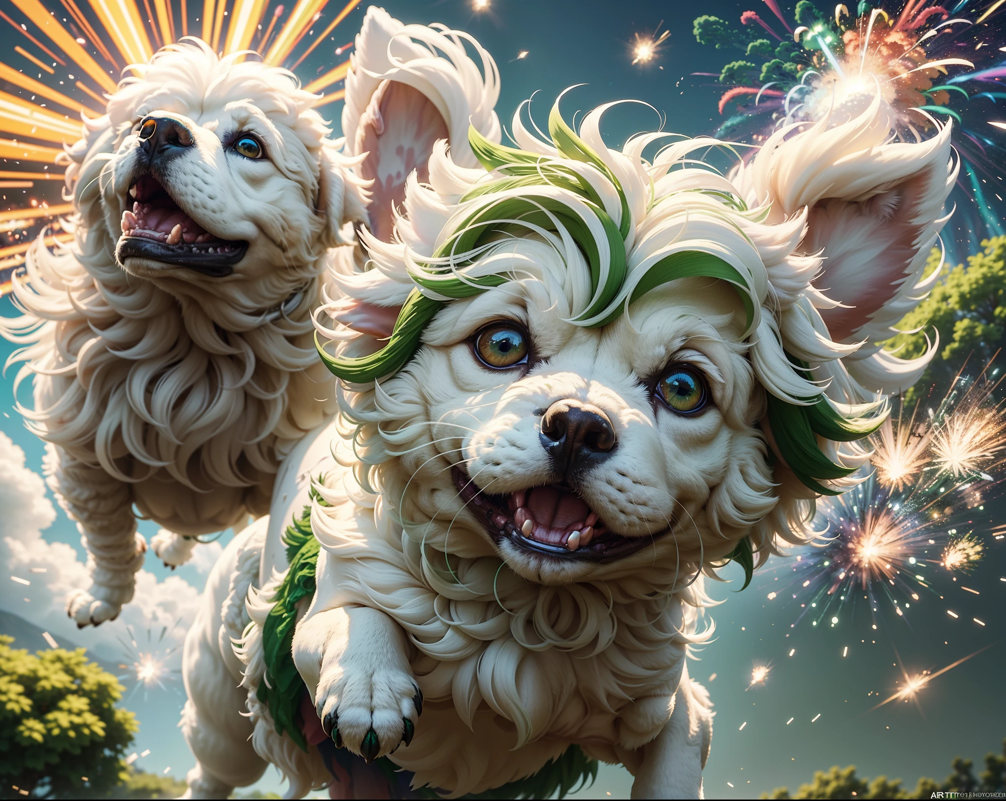 Plan très bas d&#39;un petit caniche blanc sautant haut dans le ciel, entouré d&#39;explosions de bombes colorées vertes et blanches, lumière dans la scène donnant une couleur verte et blanche, Éclairage cinématographique, style artgerme, 32k, Ultra HD, moteur irréel rendu, Image photoréaliste,  — avec 9:16 --auto --s2