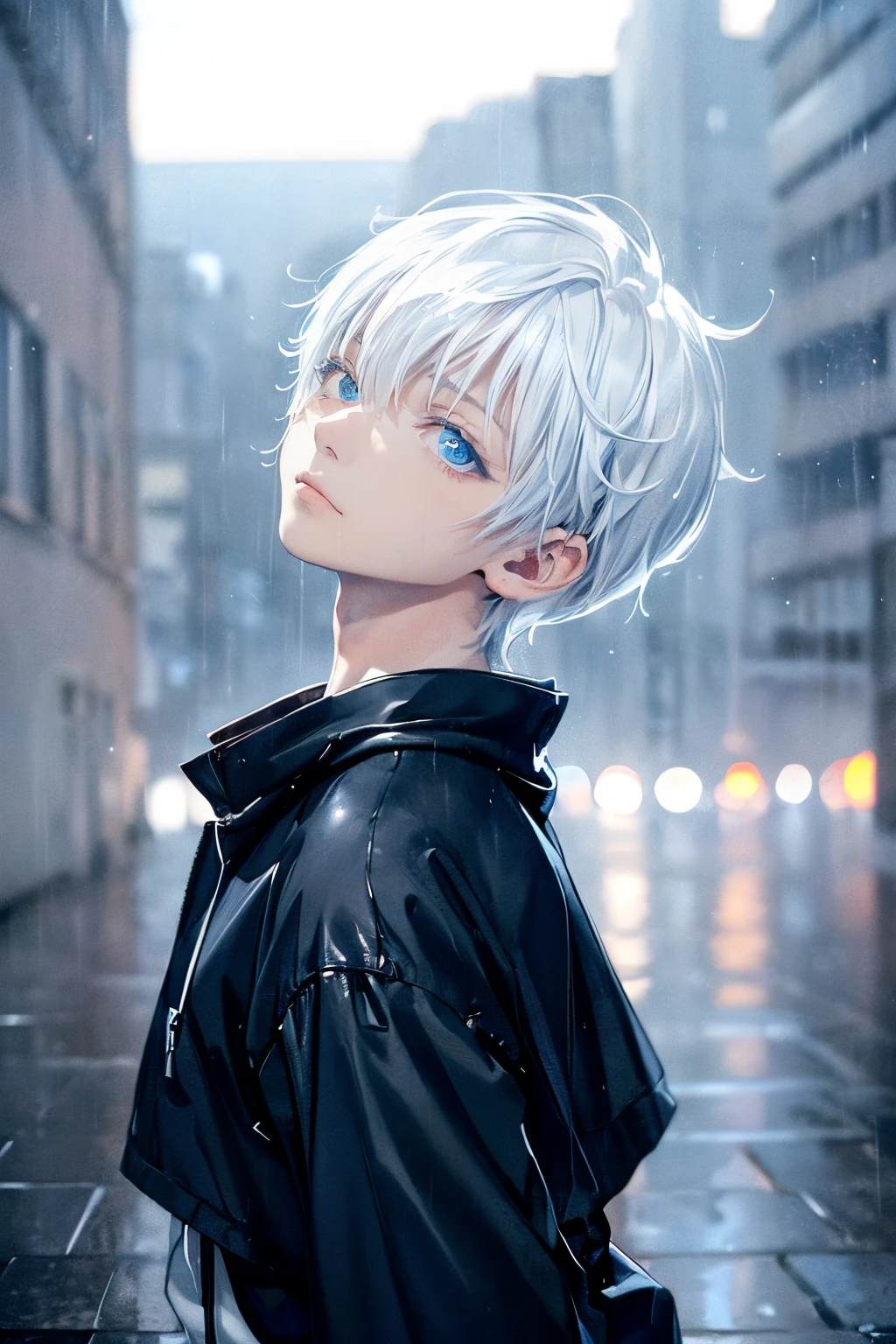 ((4K works))、​masterpiece、(top-quality)、One beautiful boy、Slim body、tall、((Black Y-shirt and white pants、Charming street style))、Please wear one jacket、Wearing a hood to hide his face、(Detailed beautiful eyes)、Morning City、((Rainy city))、Fashionable city with morning rain、During the walk、((Bright, Cloudy sky))、((Face similar to Carly Rae Jepsen))、((Short-haired white hair))、((Smaller face))、((Neutral face))、((Bright blue eyes))、((American adult male))、((boy 10 years old))、((Cool Men))、((Like a celebrity))、((Glaring at him with a savage look))、((Korean Makeup))、((elongated and sharp eyes))、((Happy dating))、((boyish))、((Upper body photography))、Professional Photos、((Model photo))、((Shot alone))、((He's under the roof))、((Looking up at the sky))、((photographed from the back))、((He is looking upwards))、((His eyes are looking upwards))、((Increase the angle of the face))、((He is walking in front of the viewer))