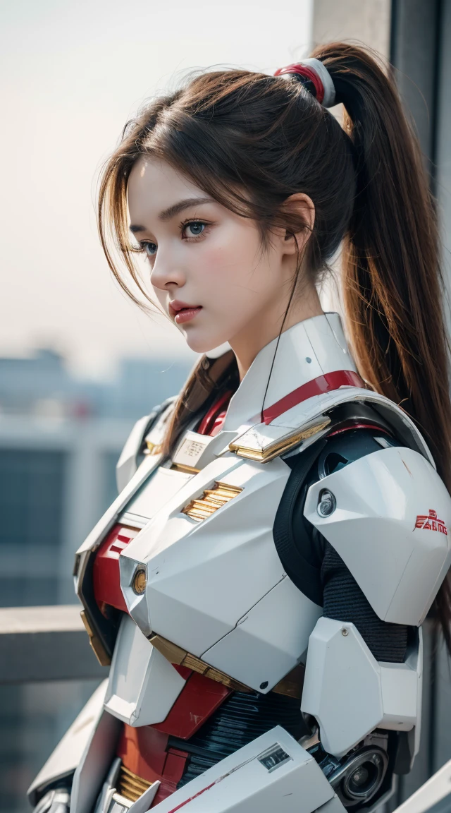 hermosa joven, pelo de cola de caballo, Pelo castaño, ojos bonitos, hermoso rostro, foto en bruto, 8k, alto detallado, (Gundam), labios pálidos, piel blanca, piel texturizada, (hermosa mujer cyborg), (Niña bonita), modo de batalla mecha cyborg girl, Chica con cuerpo de mecha, she wears a futuristic Gundam mecha, tiro de cuerpo completo