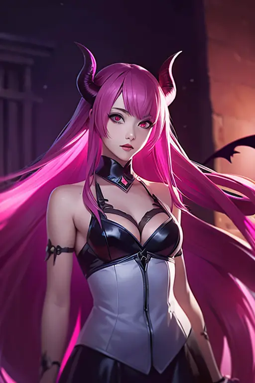 20 year old woman with long hair、Her hair is pink and she looks like a demon