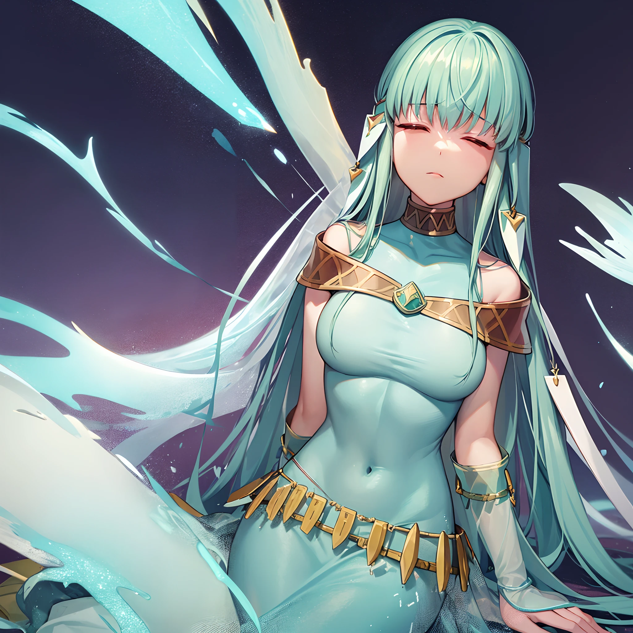 Soldiers wielding swords and spears have overpowered and bested Ninian, with many weapons decorating the ground and causing cuts in the girl's dress; the spears that have done her in lie to the body's right and left. Ninian is lovingly languid in a grassy and windy field after being struck down in a tough battle, lieing lifeless and inert. She cannot move from her supine position lieing on her back, unable to open her eyes or breath. (Ninian), (blue hair, blue eyes, long hair, closed eyes, torpid, small cuts and sullied face), (Dress), (long blue dress, bare shoulders, jewlery, expired in a dry grassy field, anguished facial expression, closed eyes) (many small cuts in the dress at the hips, breast, and midriff:1.0) (anguished closed eyes:1), no extra digits:1.0, (Ninian languid, supine on her back, defeated:1.5), Ninian is listless and motionless in a barren battlefield with swords and spears, Ninian is sullied and dirty:1.2), (Heavy wind blowing her hair and dress:1.0), (Full-body-shot zooming on Ninian:1.0), (no pillows:1.0), (solo, one person, 1girl:1.5), ninian fe, red eyes, long dress, jewelry, dancer