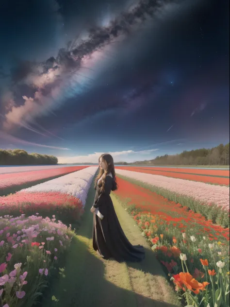 There is a girl standing in a flower field looking up at the sky, A girl stands in the flower field, A girl walks in a flower fi...