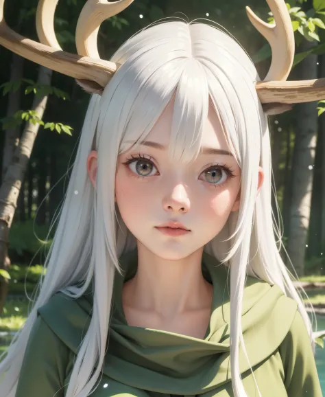 1girl,birch forest,monet color,(antler:1.2),naked,stream,close shot,huge chest,close shot,anime characters,white hair,deer hair,...