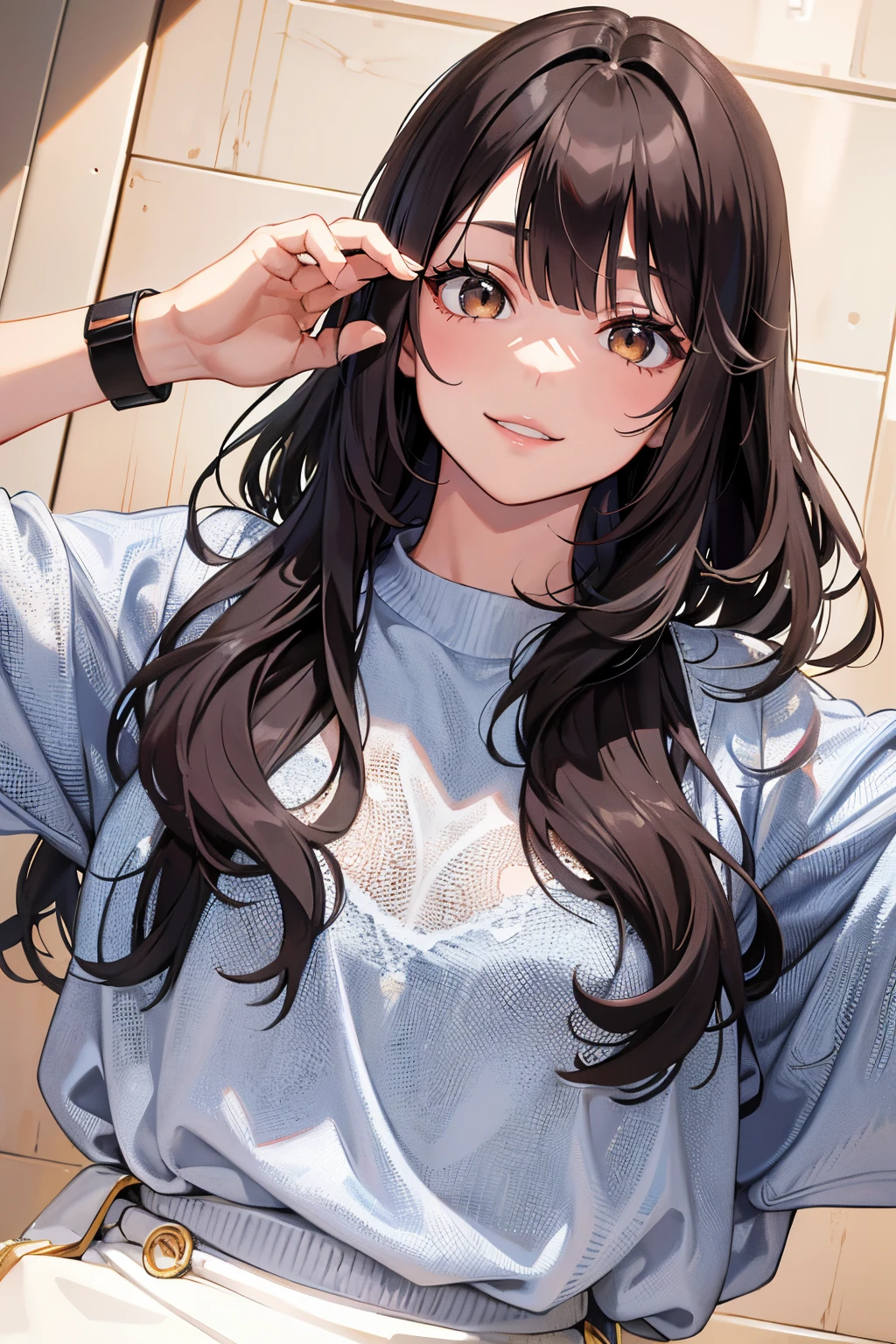 (high high quality, 8K, RAW photos, Best quality, tmasterpiece:1.2),a woman posing for a picture, Qi bangs long hair, long hair with bangs, Urzans, Qi bangs hair, Long gray hair, hime-cut, Kurohime cuts hair, wavy shoulder-length hair, bangs and wavy hair, Long hairstyles, Asian girl with long hair, With bangs, Fair skin, Colossal , Fitness model, A smile, extremely detailed finger
