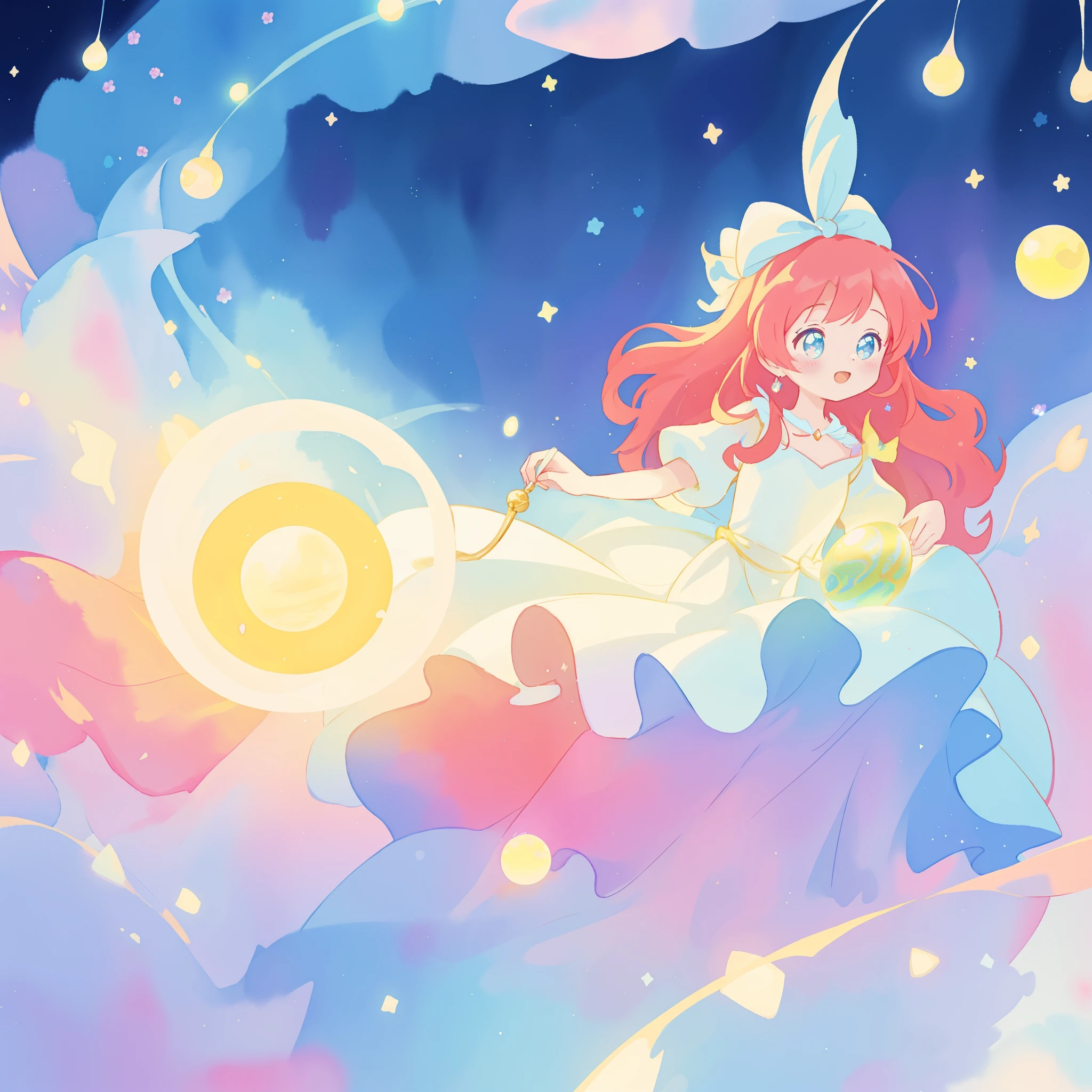 美しい girl in sparkling white dress holding a 魔法の sphere, ((輝くふわふわレイヤードボールガウン)), (魔法の, 気まぐれな), (glowing 魔法の orb), 長く流れるようなカラフルな髪, カラフルなファンタジアの背景, 水彩イラスト, ディズニーアートスタイル, 彼女の周囲に輝くオーラ, 光るライト, 美しい digital illustration, 幻想的な異世界の風景植物花, 美しい, 傑作, 最高品質, アニメディズニースタイル
