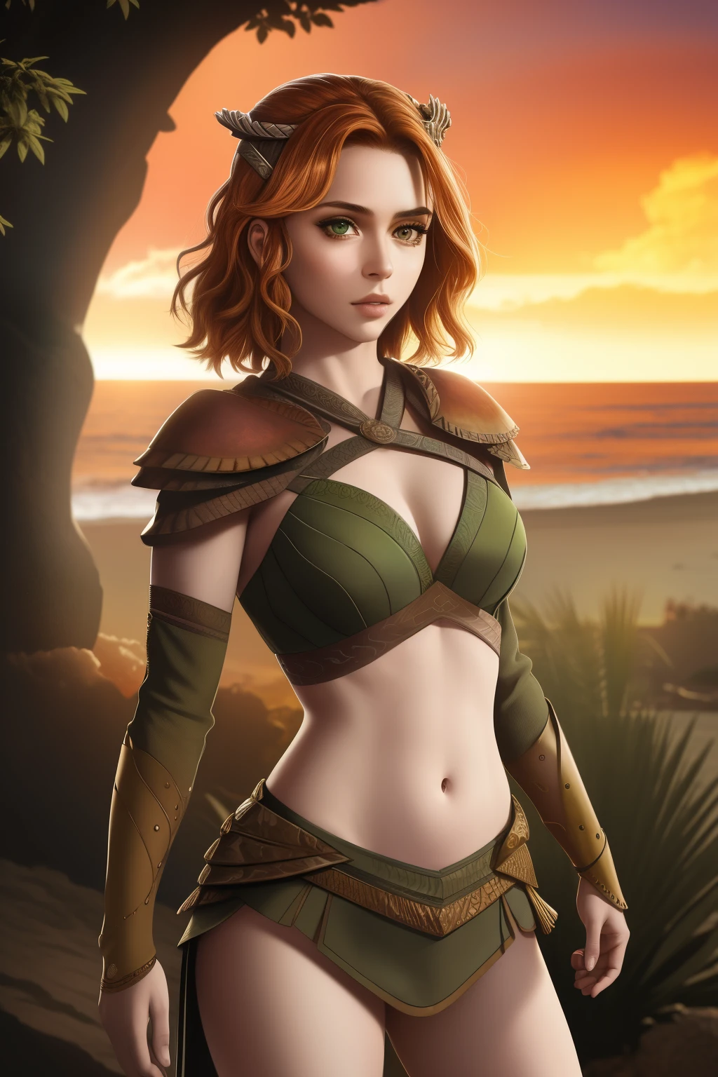 A woman in a bikini and armor standing in front of a sunset - SeaArt AI