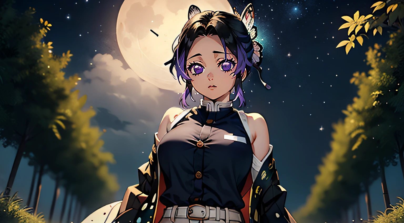 Masterpiece, Best Quality, hight resolution, 1girl, solo, Shinobi, Master Parts, beste-Qualit, supreme, 1girll, In the bamboo forest，There is a huge bright moon in the background, kochou shinobu, large butterfly clip in hair, butterfly hair jewelry, violet eyes, multi-colored hair, Short hair, Separate lane, haori, White Japanese cloak, Longer sleeves, black pantsuit, black jacket, belt, Character looking at camera，Decorate your hair with a bow tie, violet eyes, multi-colored hair, Short hair, Parted bangs, Black pants, black jacket, long sleeves, belt, Cowboy shot, in the woods, Looking at the starry sky, Close your mouth, Night with countless stars, the Milky Way