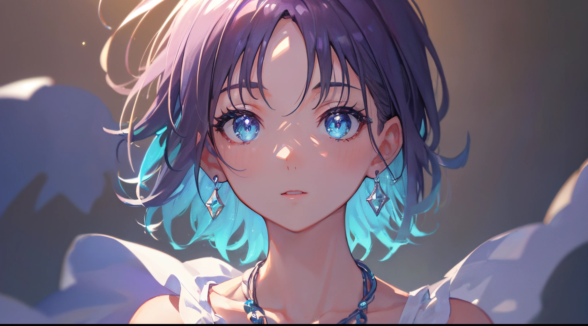 ​masterpiece, top-quality, illustratio, Saxophone Blue, Platinum Earrings, Platinum Necklace, white dres, 1girl, cute little, (Dynamic lighting:1.2), lighting like a movie, delicated facial features, A detailed eye, Sharp pupils, Realistic pupils, depth of fields, bokeh dof, sharp focus, (Ultra-detail, Bloom, Glow:1.4), Many Small Gems, (((Short_hair))),　The upper part of the body、Extreme close-up view、Toru Asakura、earrings、gradation hair、multi color hair、Parted bangs、Top quality, ４ｋqulity, HDR, uhd, 8k, floatingfloating hair, outdoors, wind,